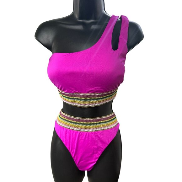 2for30💥‼️Gibson & Latimer Fuchsia One-Shoulder Bikini Metallic Band Sz L - Picture 1 of 5